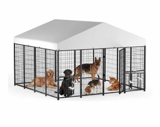 Outdoor Dog Kennel 10X 10 X 6.5-FT Rotating Feeding Door, Stainless Bowls, Upgraded Polyester Roof