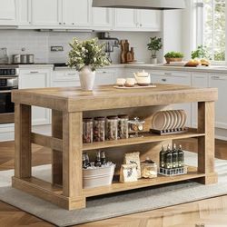 Tribesigns Kitchen Island with Storage, 55-Inch Farmhouse Stationary Island Table with Large Countertop, 3-Tier Wooden Home Bar Table for Kitchen, Din