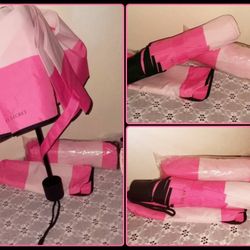 NEW WITH TAGS VICTORIA'S SECRET PINK LOGO STRIPE FOLDING COLLAPSIBLE UMBRELLA W/ STORAGE CASE