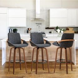29.5" Set of 3 Bar Height Barstools Mid Century Modern Retro Bar Chairs Charcoal Gray Linen Look Fabric Upholstered and Walnut Wood Frame for Home Bar