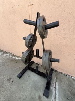 Complete Olympic Weight Set – 140 lbs Cast Iron Plates, 7’ Olympic Barbell, 2 Olympic Curl Bars, Weight Tree & Spring Collars