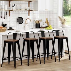 Metal Bar Stools Set of 4 Counter Height Barstools with Removable Back 30" Kitchen Bar Stools with Wooden Seat, Black