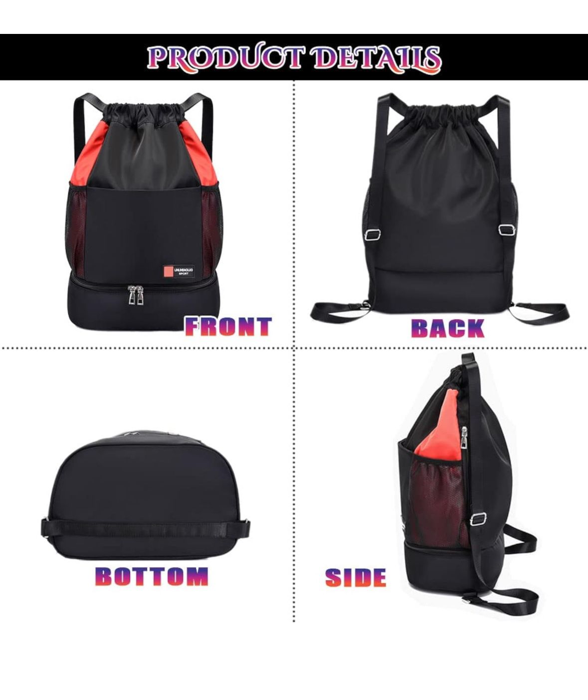 Drawstring Backpack with Shoe Compartment,Dry Wet Gym Bag