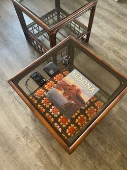 Vintage Mid Century MCM Boho Rattan End Table Set