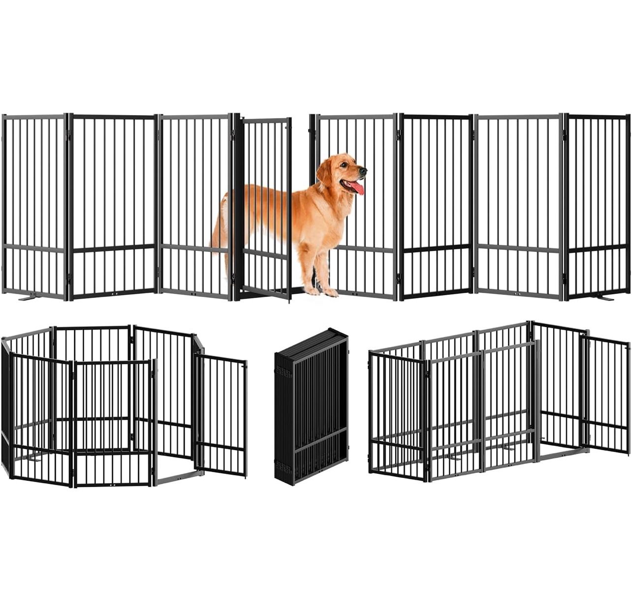 Full Metal Freestanding Dog Gate with Door, 32''Height Foldable Pet Dog Fence 8 Panels