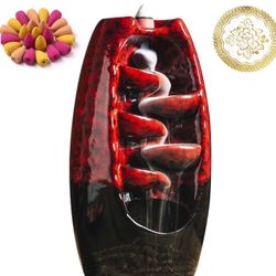 Ceramic Incense Burner with 120 Cones, Waterfall Backflow Incense Holder, Aromatherapy Ornament, Zen Decor, Home Decor, Room Decor (Red)