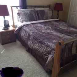 Queen bed frame with box mattress and 2 night stand for sale 