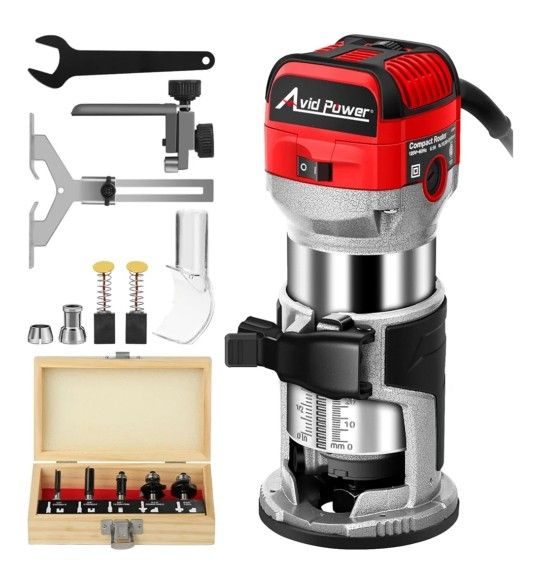 Red 65mm AVID POWER 6.5 Amp 1.25 HP Compact Router Tools for Woodworking, Fixed Base Wood Router with 6 Variable Speeds