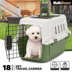 18" Pet Travel Carrier, Portable Dog Travel Kennel Handbag Cage Transport Box with Handle and 2 Doors, Airline Approved, White/Forest Green