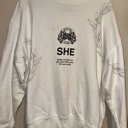 White “SHE / Wolves Club” sweatshirt — visible staining
