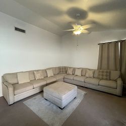Beige Sectional Couch + Ottoman 