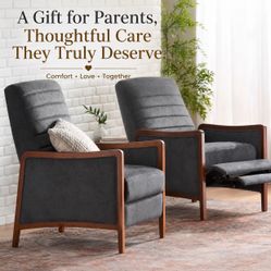 The Perfect Gift for Mom & Dad💖  Mid Century Modern Fabric Channel Stitch Wood Pushback Recliners, Set of 2, Brown and Walnut