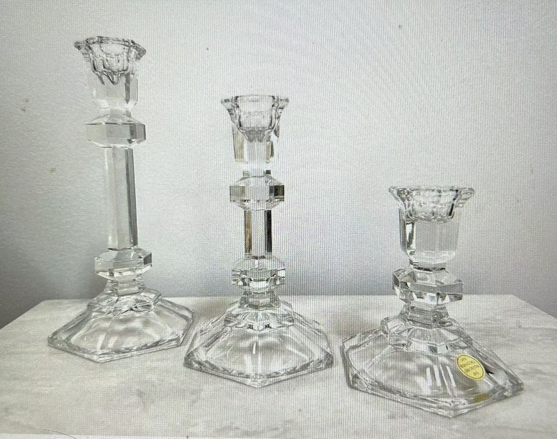 Set of 3 Vintage Bleikristall 24% Lead Candlestick Holders with Hexagon Bases