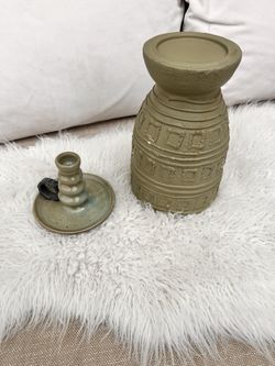 World Market Sage Green Clay Boho MidCentury Style Pedestal And Vintage Candle Holder Made In India Modern Boho Style Candle Holder Decor Smoke Free