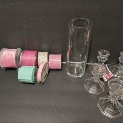 Glass Candle Holders, Glass Vase and Ribbons 