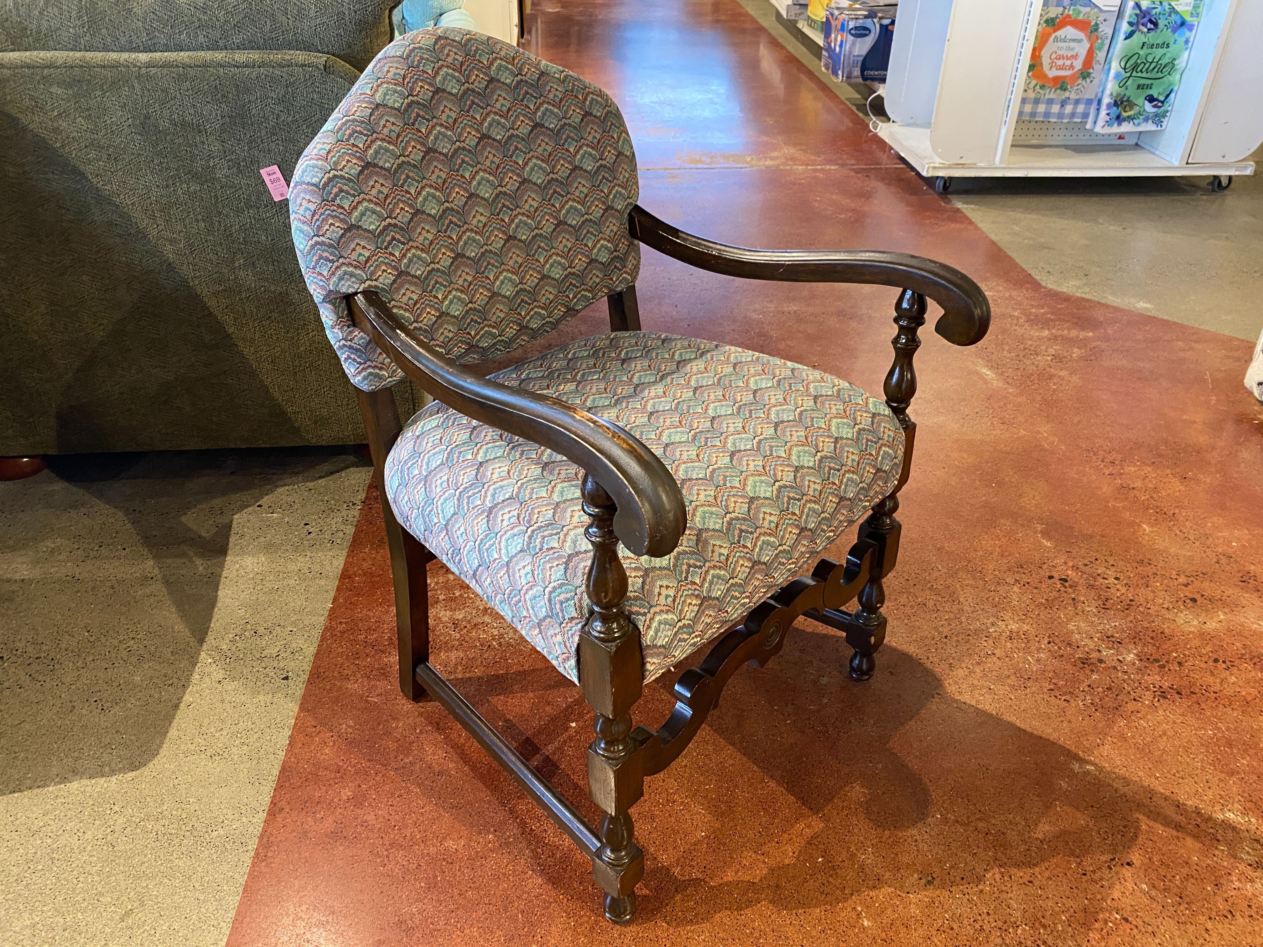 Vintage Wood Armchair with Scalloped Pattern Upholstery