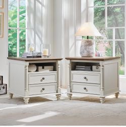 24'' Farmhouse End Table w/4 Solid Wood Feet Set of 2, Large 2 Drawers Sofa Side Table with Charging Station, Rustic Wood Square Nightstand for Living