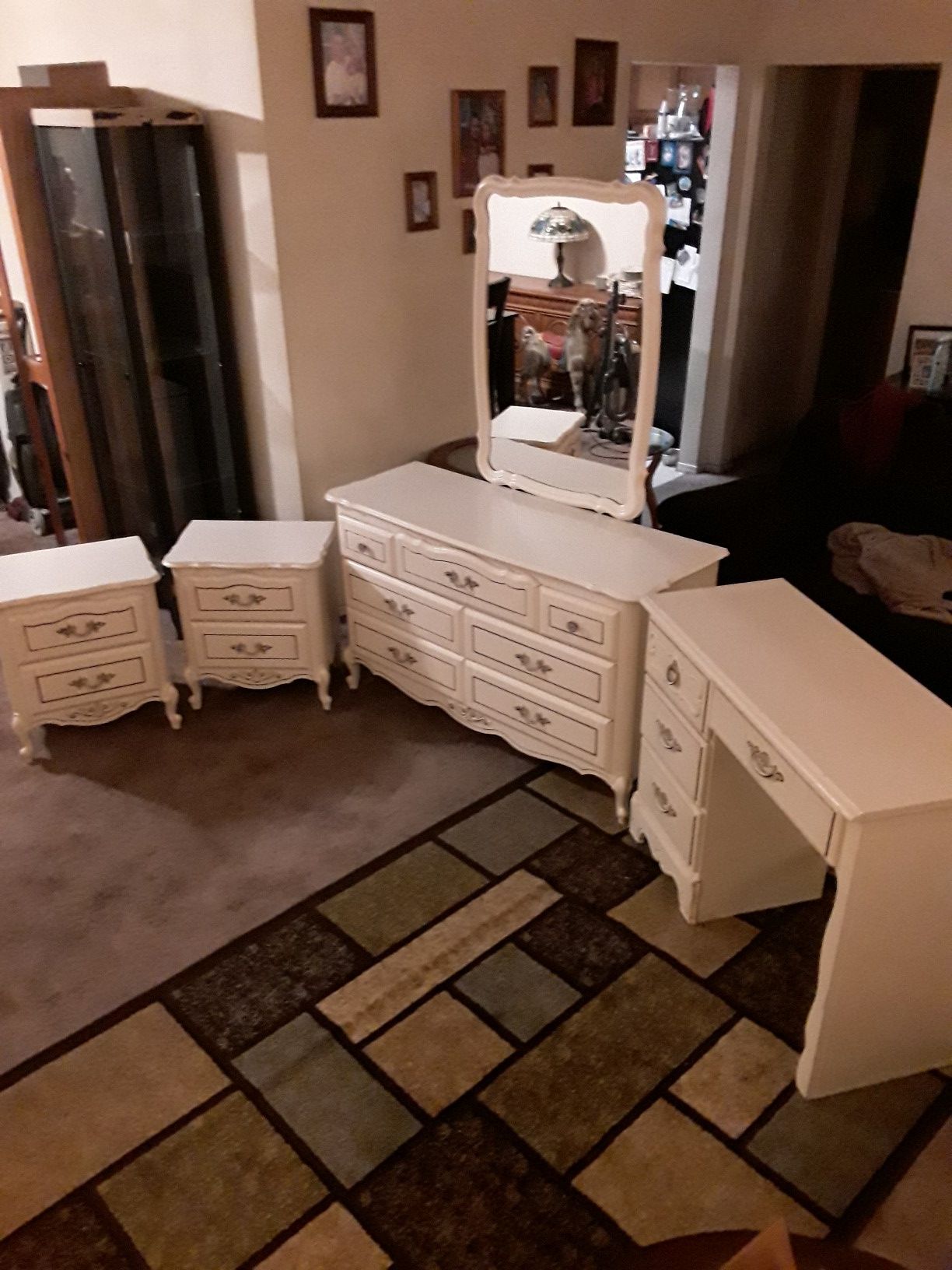 Bedroom set 7 drawer dresser, desk, 2 nightstands and mirror.