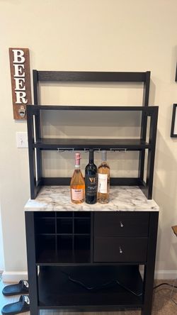 Black Bar Cabinet with Faux Marble Top and Wine Rack