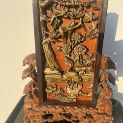 Antique Chinese Gold Gilt Wood Carved Panel Decor w/Birds & Floral Patterns