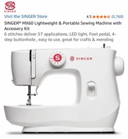 SINGER® MX60 Lightweight & Portable Sewing Machine with Accessory Kit 6 stitches deliver 57 applications, LED light, Foot pedal, 4-step buttonhole, ea