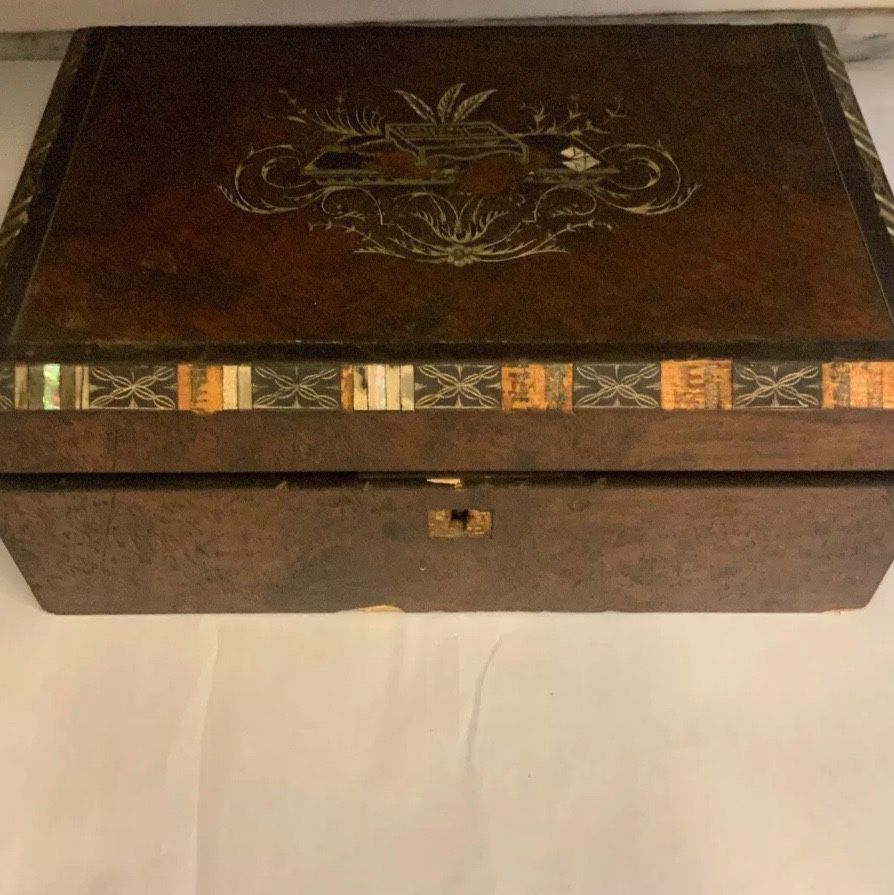 Antique Victorian Writing Box ~ Lap Desk w/ Mother of Pearl Inlay. Shipped with USPS Priority Mail. Unusual level of detail, top shows desk with p