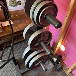 Gym Set: Vintage Metal Weight Plate Set And Lifting Bar 