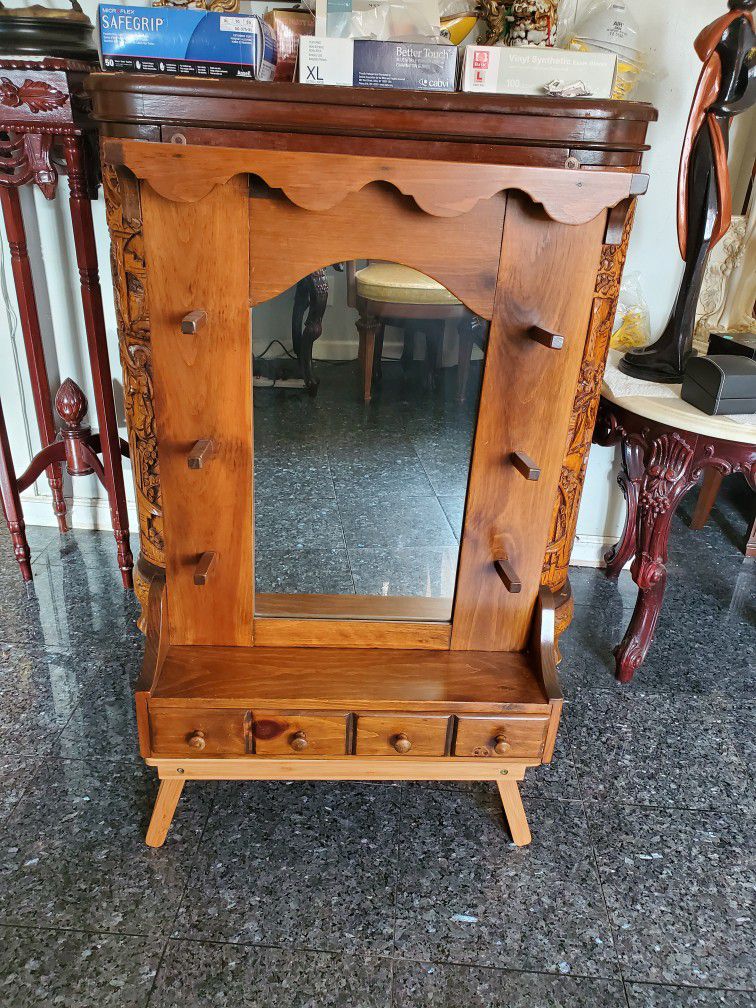 PRICE REDUCED!! Antique Hardwood Wood Wall Hanging Mirror With Drawer And Hooks. 22" X 29"