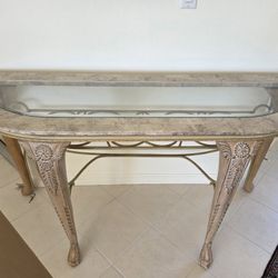 Console Entry Sofa Table with Glass Inlay and Carved Wood Legs