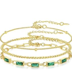 NEW! May Birthstone Bracelet Gold Plated, 3 Layered Stackable Set, Link Paperclip Chains
