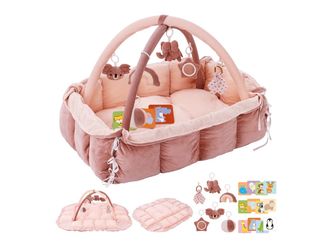 5-in-1 Plush Baby Play Gym, Baby Play Mats, Convertible Baby Gym, Tummy time mat, 6 Sensory Toys, Activity Center, Ball Pit, Pink