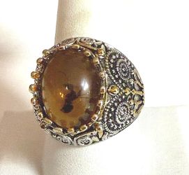Vintage Style Amber Stone Silver Tone Ring with Gold Accents Size 10