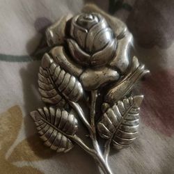 Vintage Sterling Silver Danecraft Repousse Roses Brooch Pin