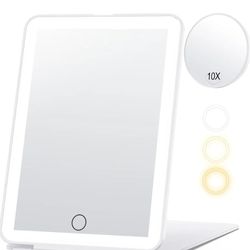 Rechargeable Makeup Mirror for Travel, Vanity Mirror with Round 10X Magnifying Mirror, 3 Color Lighting, High Capacity 2000mAh Batteries, Portable Ult