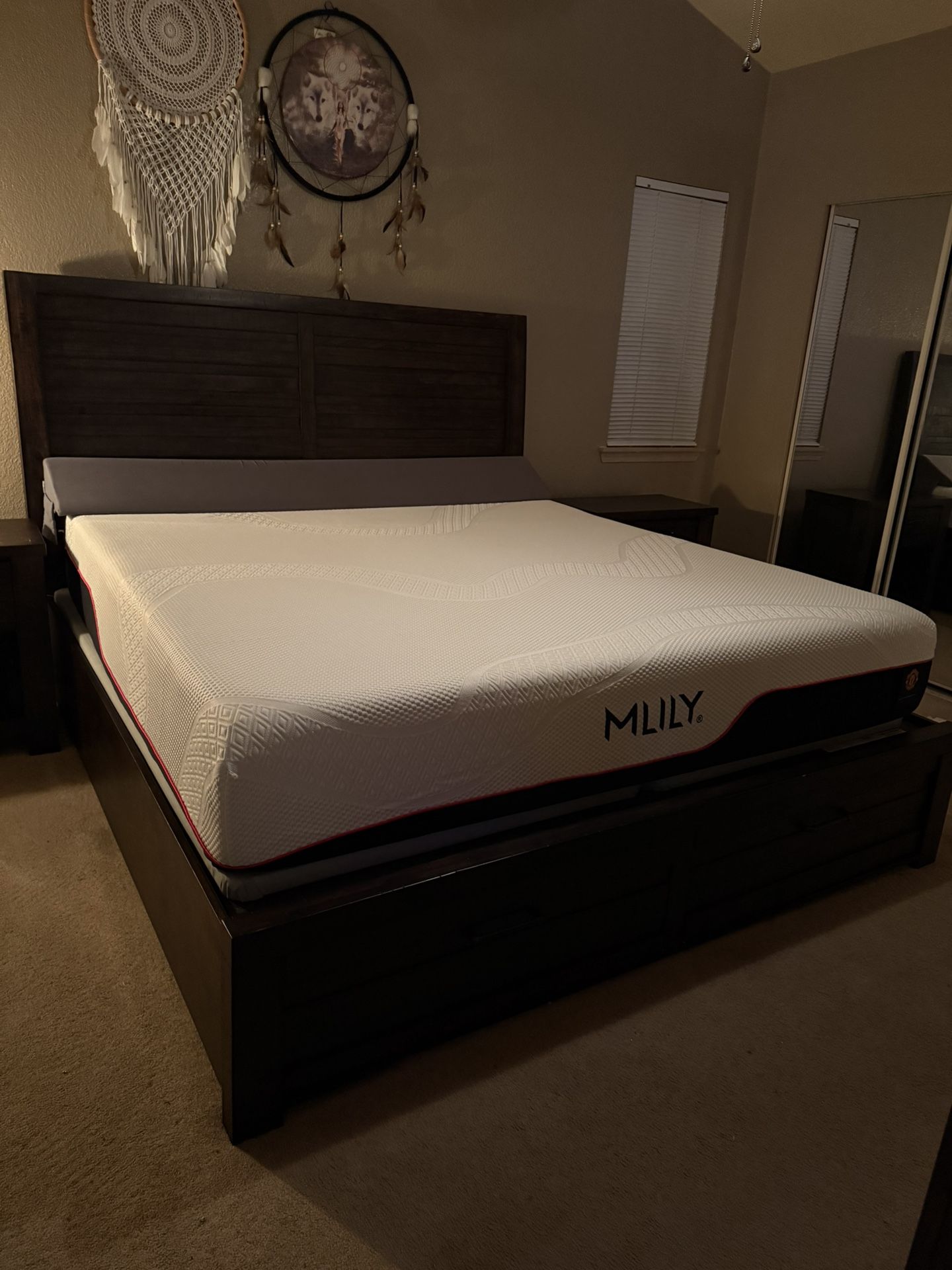 Eastern King size Sullivan Panel Bed w/ Storage, Dresser, Mirror & 2 Nightstands in Rich Cherry FREE MATTRESS & PILLOW WEDGE