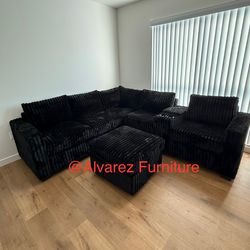 Corduroy sectional sofa with ottoman