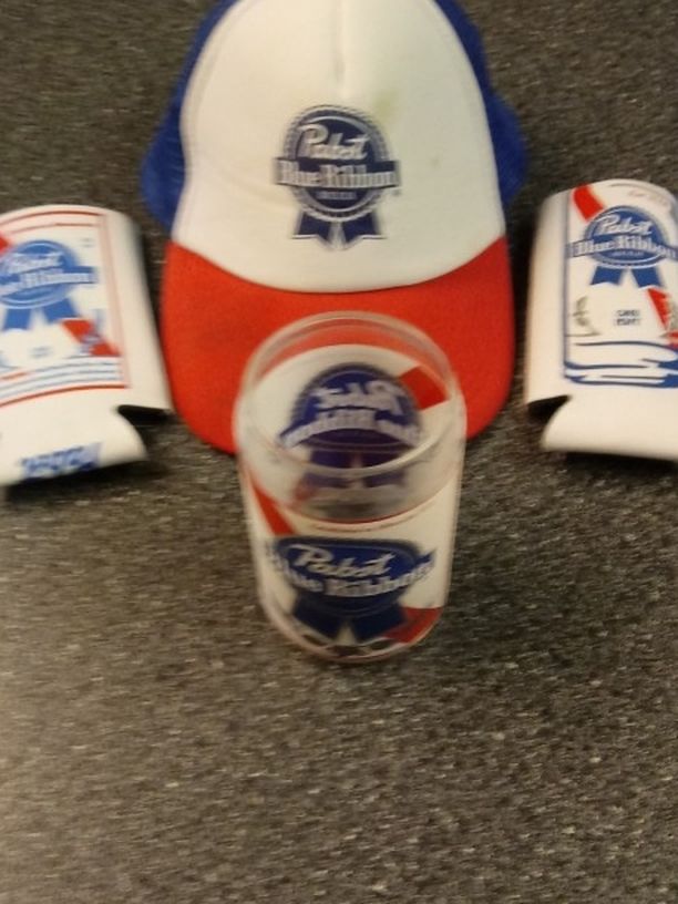 ORIGINAL PABST HAT SEE LABEL 2 CAN COOLERS 1 GLASS