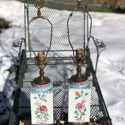 2 Antiques Chinese Hexagon FAMILLE ROSE Porcelain Vase, Lamps-RARE 