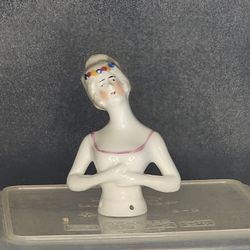 VTG 3" half doll / pincushion doll, light brown hair with white dress pink trim