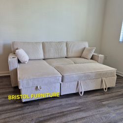 🥊 Sofa Bed with Chaise Storage, Beige Color, Corduroy Fabric, New in the Box.