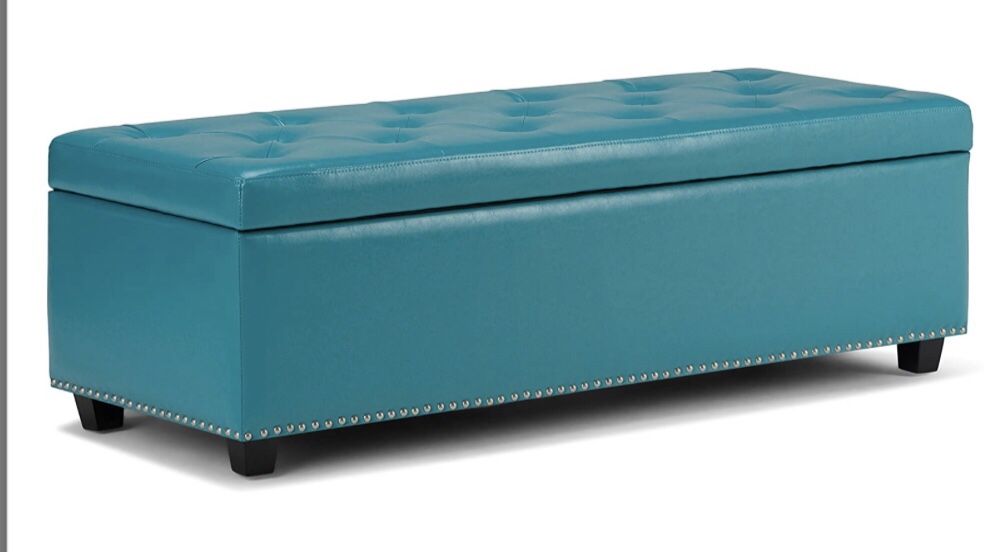 Lift Top Storage Ottoman Upholstered In Mediterranean Blue Tufted Faux Leather 