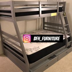 Twin/Full Gray Bunk bed w. Drawers & Ortho Mattresses Included