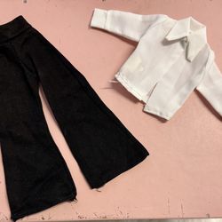 1970s Mego Doll Clothes -outfit black pants & white shirt - Barbie size