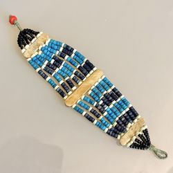 Bone Bead Bracelet, Turquoise/Navy/Cream