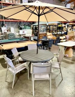 AWESOME DEAL!!!  Sandstone 8-Piece Metal Outdoor Dining Set, 6 Stackable Dining Chairs and 40.6 in. Round Dining Table with Umbrella