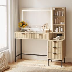 New 48in Fluted Makeup Vanity Desk w/ 36in LED Mirror, 5 Drawers & Charging Station
