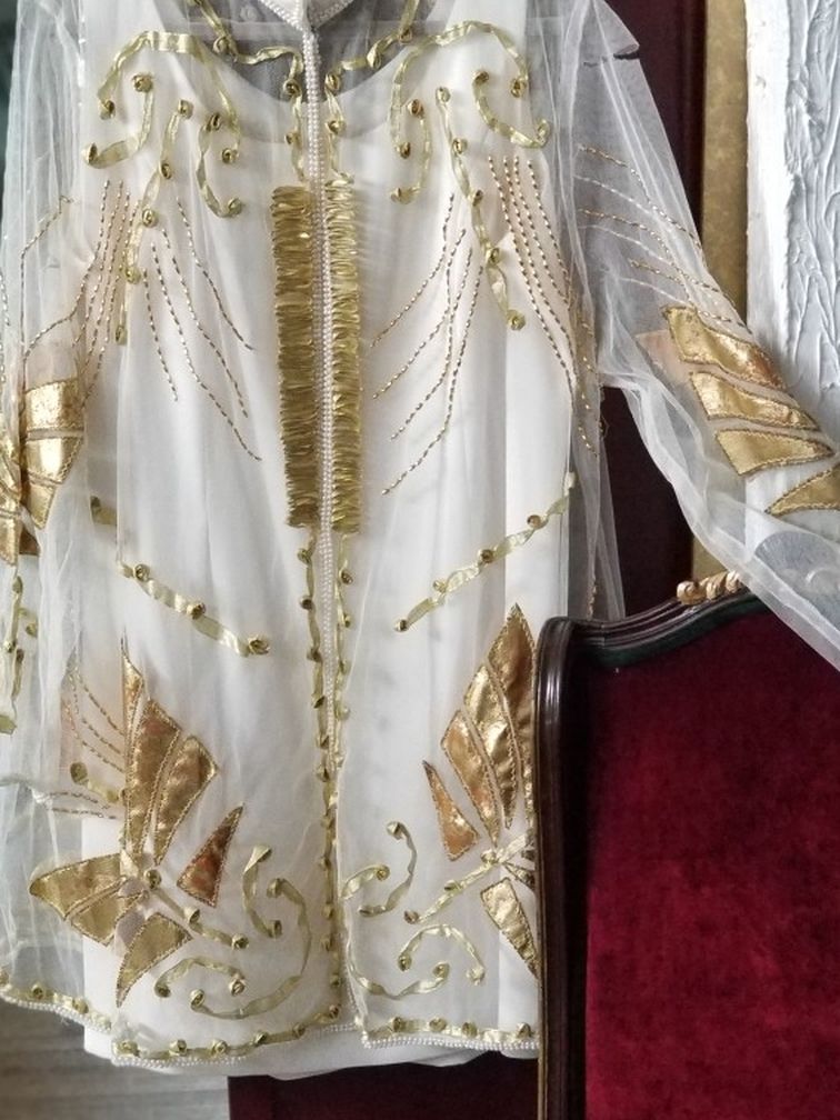 2 PIECE GOLD EMBELLISHED COAT AND DRESS