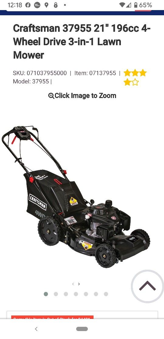 Craftsman 4 Wheel Drive 21" 196 cc Rear Bag Mower