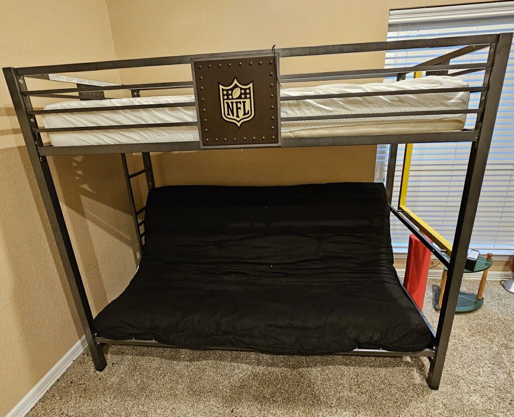 NFL BunkBed with Mattress & Futon Below That Makes into A Bed