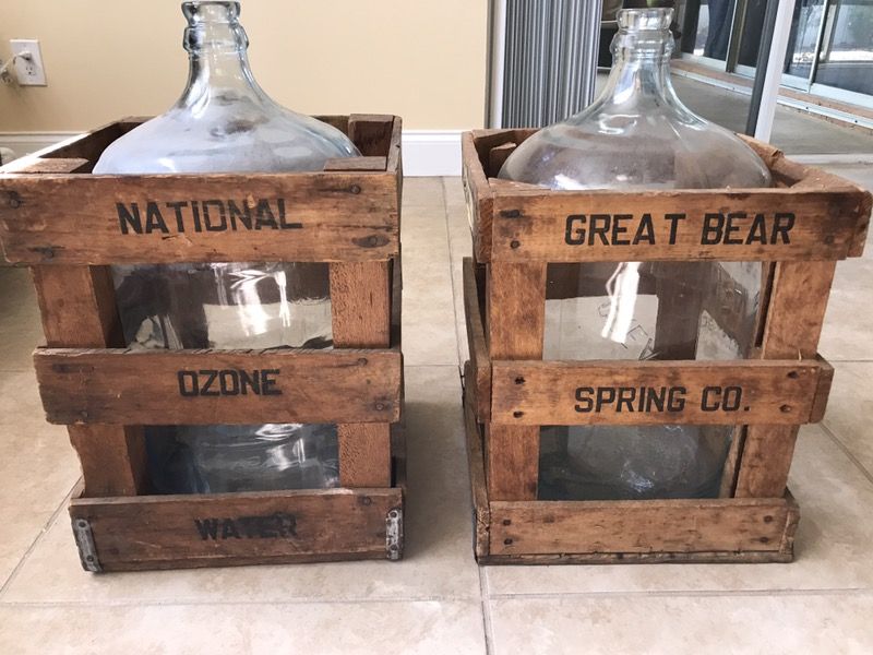 Antique vintage 5 gallon glass jugs with wooden crate